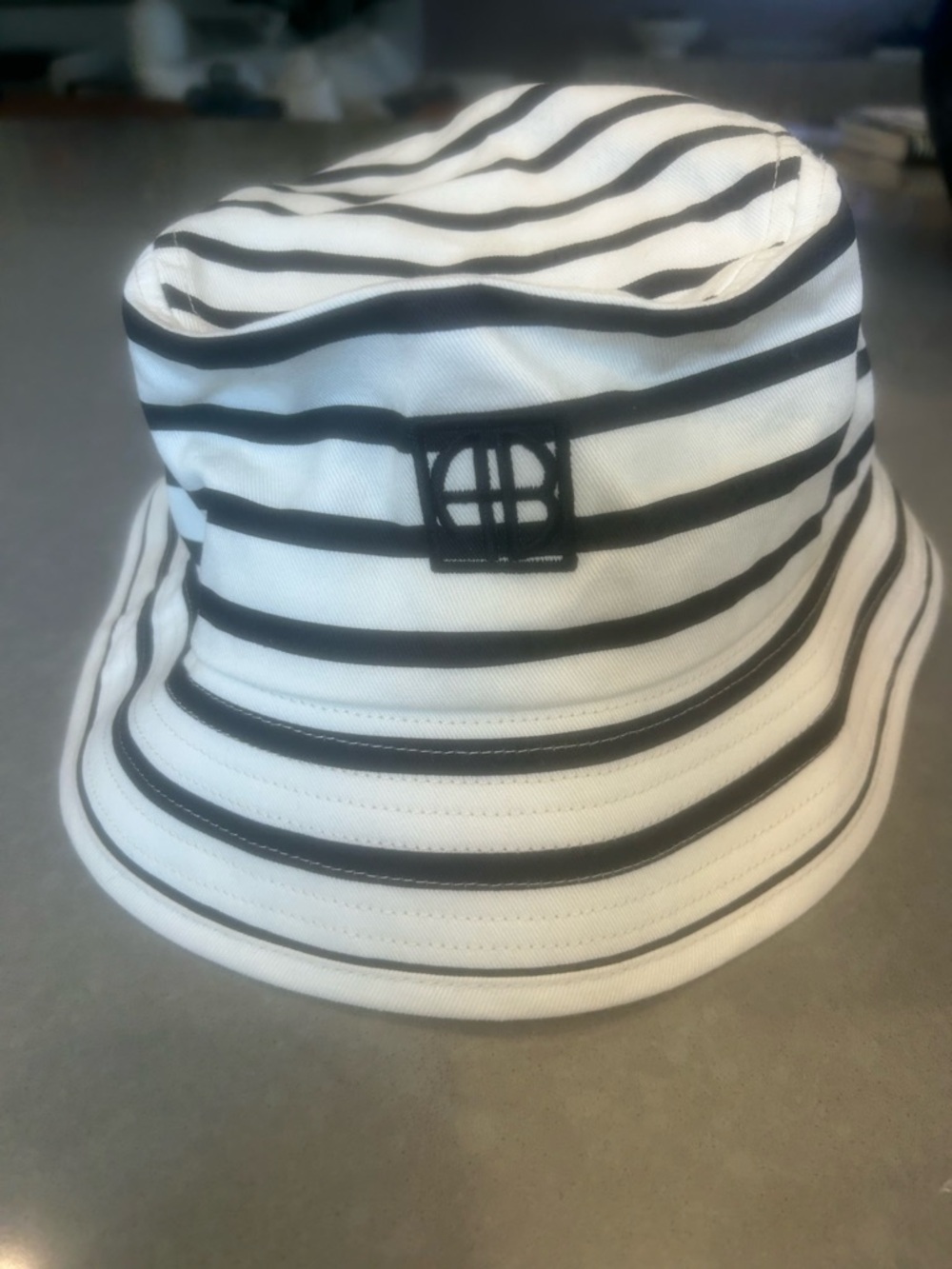 Anine Bing White Bucket Hat with Black Stripes